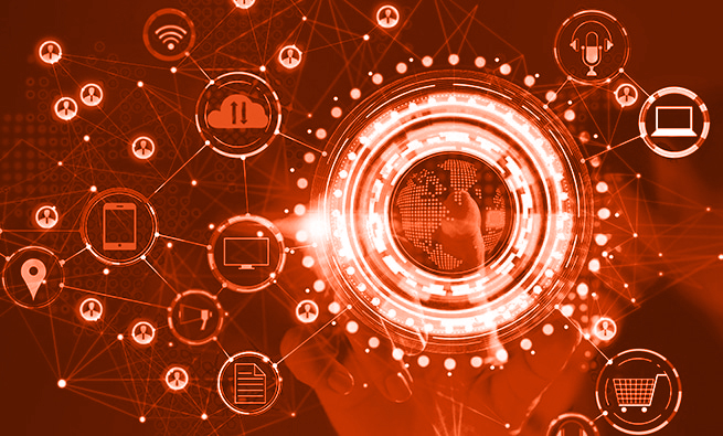 Businessman touching a global network connection, Omni Channel and communications concept Businessman touching a global network connection, Omni Channel and communications concept